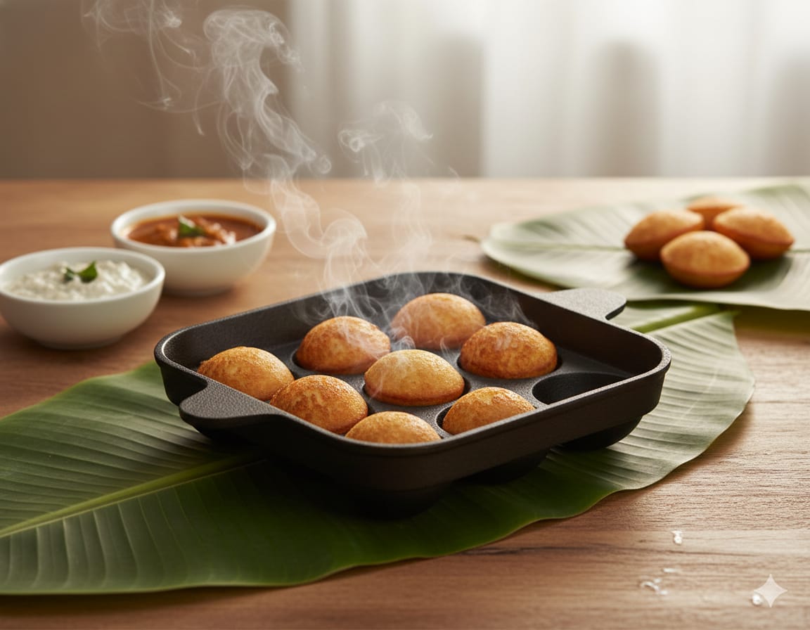 Pre-Seasoned Cast Iron Paniyaram Pan 9 Cavity | Induction & Gas Compatible Appam Patra | Ape Pan for Ponganalu, Paddu, Kuzhi Paniyaram |