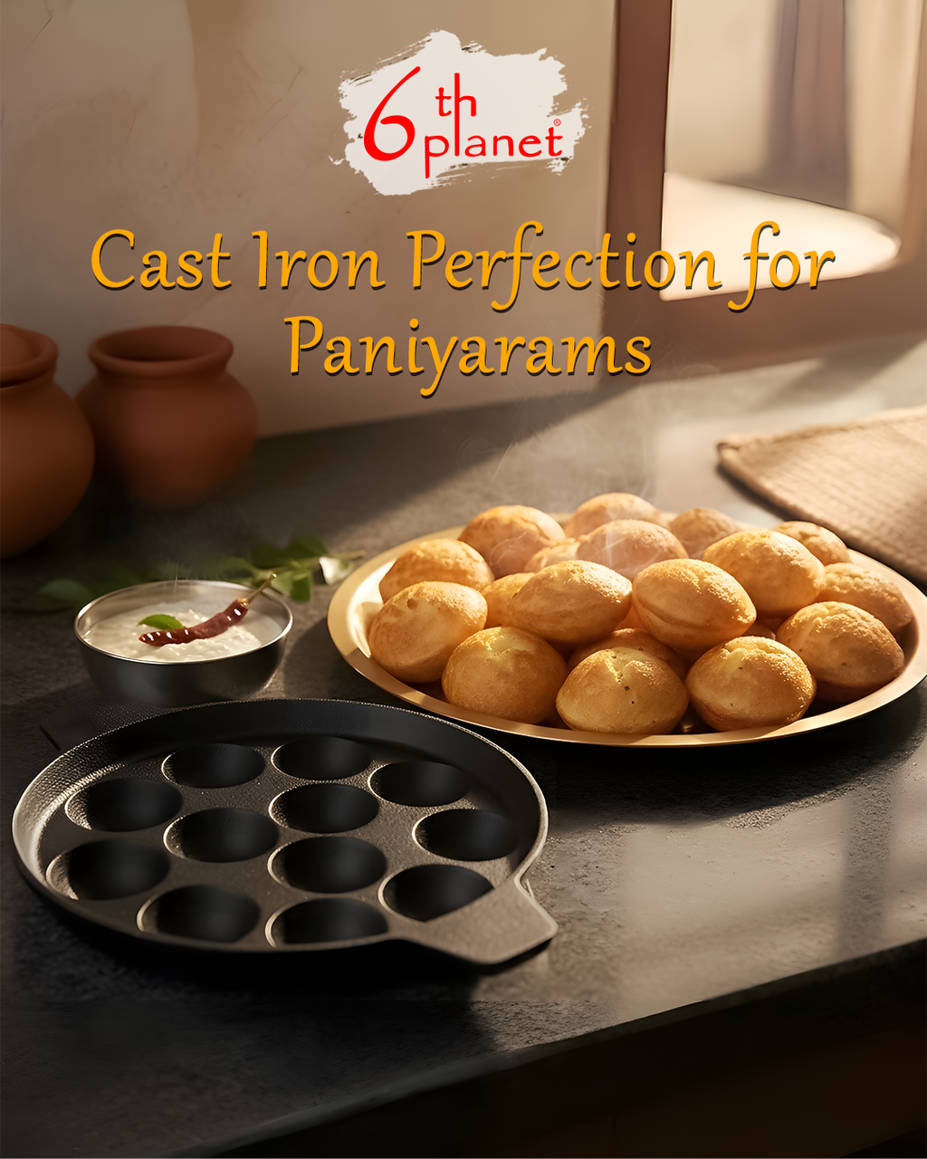 6th Planet Pre-Seasoned Cast Iron Paniyaram Pan 12 Cavity |