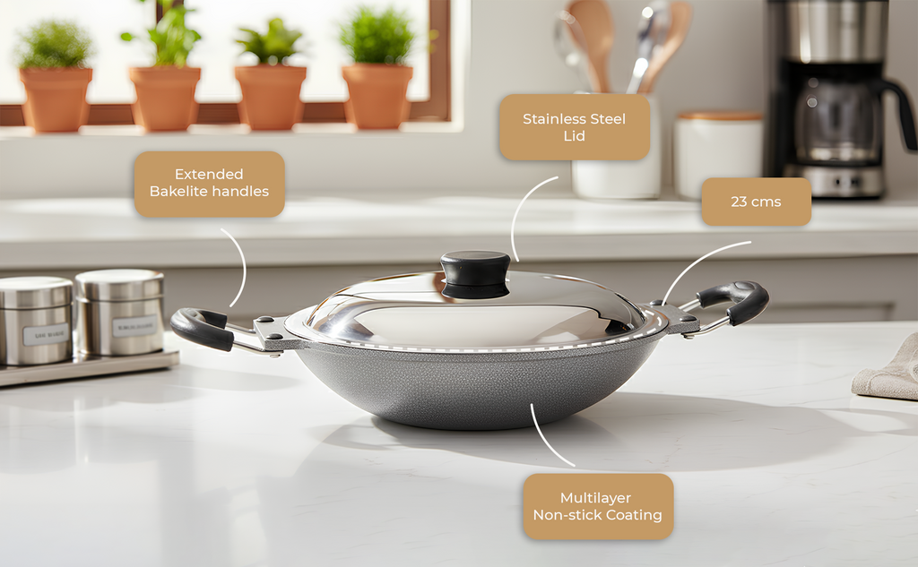 6th Planet NonStick Aluminium Deep Appakadai Appam Maker Non Stick with Lid - Appam Chatty Non Stick - Appachatti - Tadka Pan Ideal for Indian Cooking Hammertone Grey