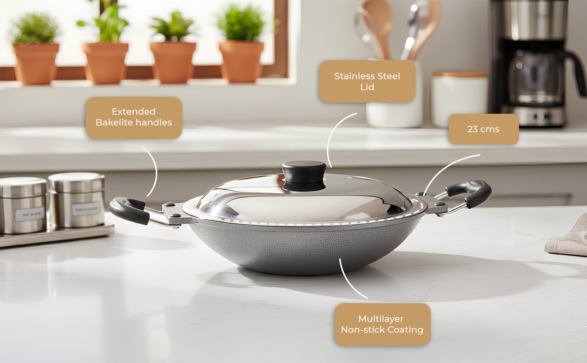 Pearl NonStick Aluminium Deep Appakadai Appam Maker Non Stick with Lid - Appam Chatty Non Stick - Appachatti - Tadka Pan Ideal for Indian Cooking Hammertone Grey