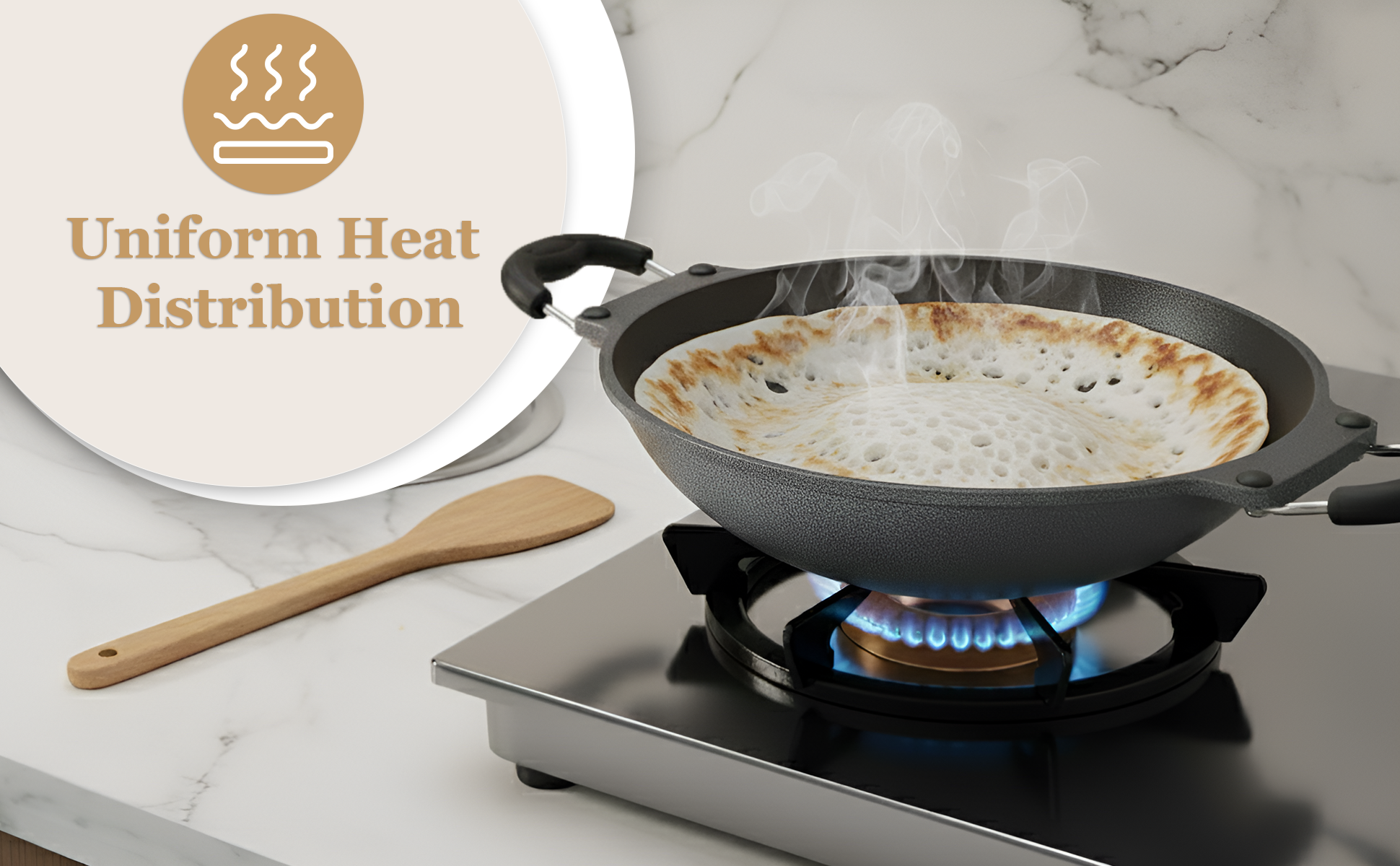 6th Planet NonStick Aluminium Deep Appakadai Appam Maker Non Stick with Lid - Appam Chatty Non Stick - Appachatti - Tadka Pan Ideal for Indian Cooking Hammertone Grey