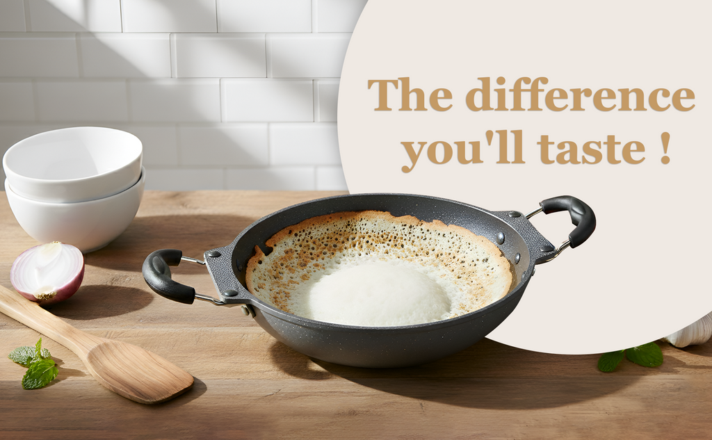 6th Planet NonStick Aluminium Deep Appakadai Appam Maker Non Stick with Lid - Appam Chatty Non Stick - Appachatti - Tadka Pan Ideal for Indian Cooking Hammertone Grey