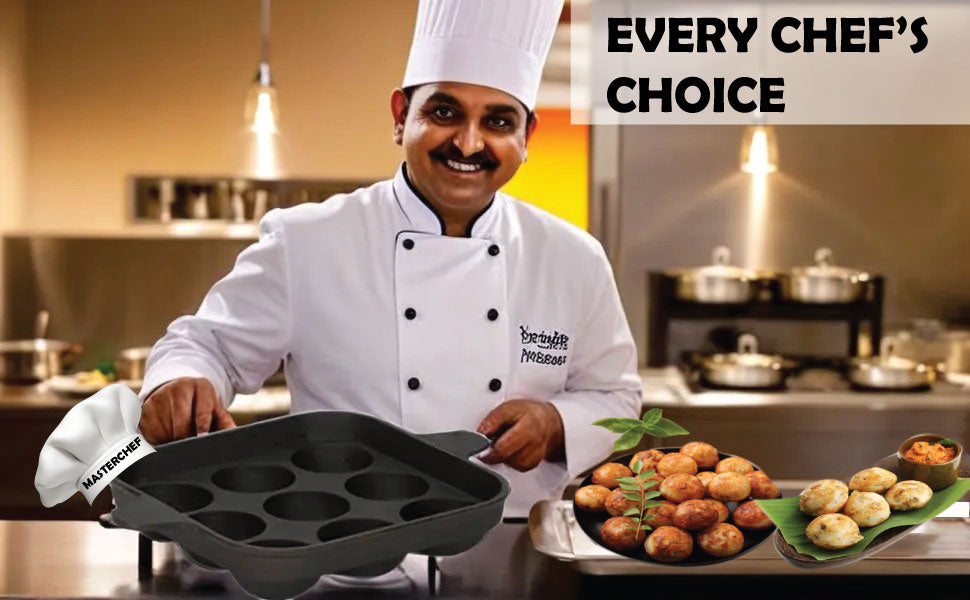 Pre-Seasoned Cast Iron Paniyaram Pan 9 Cavity | Induction & Gas Compatible Appam Patra | Ape Pan for Ponganalu, Paddu, Kuzhi Paniyaram |