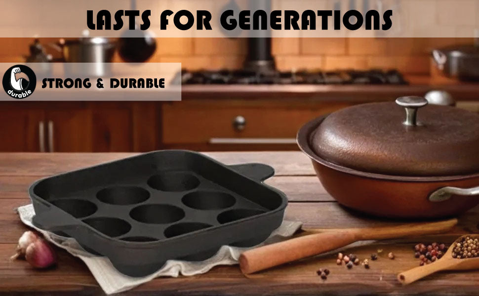 Pre-Seasoned Cast Iron Paniyaram Pan 9 Cavity