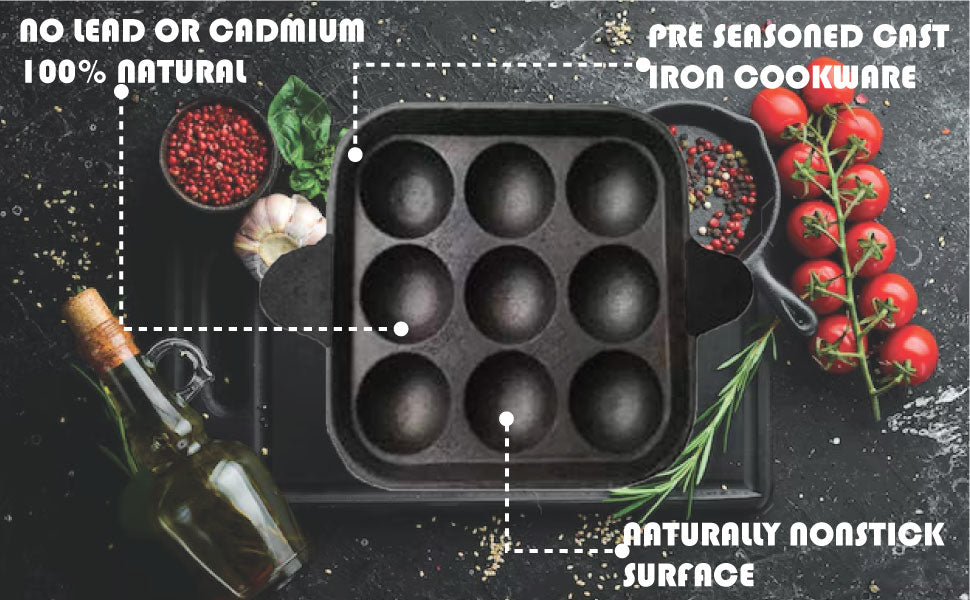 Pre-Seasoned Cast Iron Paniyaram Pan 9 Cavity