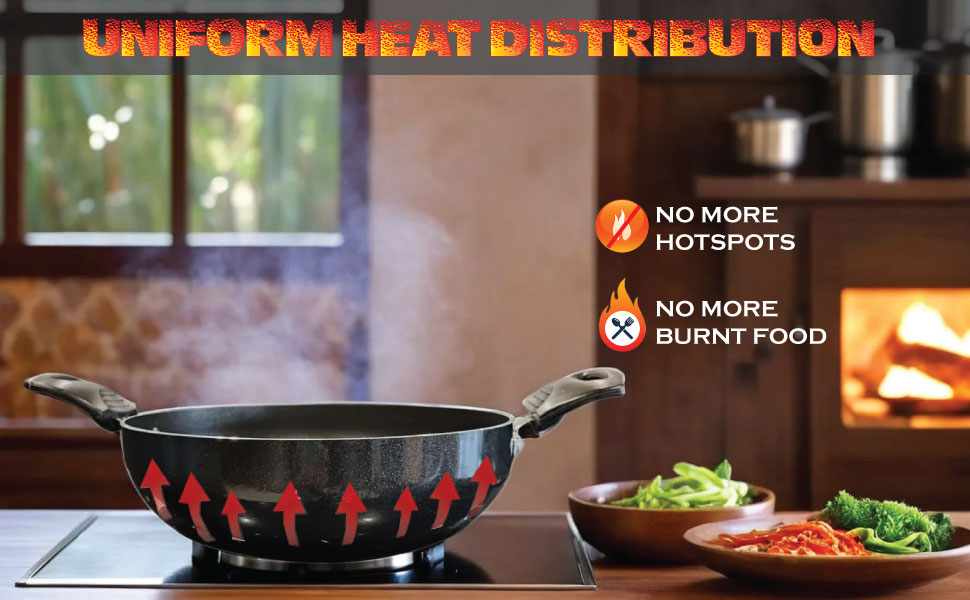 6th Planet Nonstick Induction Base Kadai | Induction Kadai for Deep Frying Roasting 24 CMS Glossy Finish with Glass Lid | 2 LTR | Black