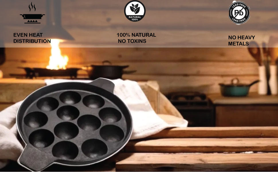 6th Planet Pre-Seasoned Cast Iron Paniyaram Pan 12 Cavity |