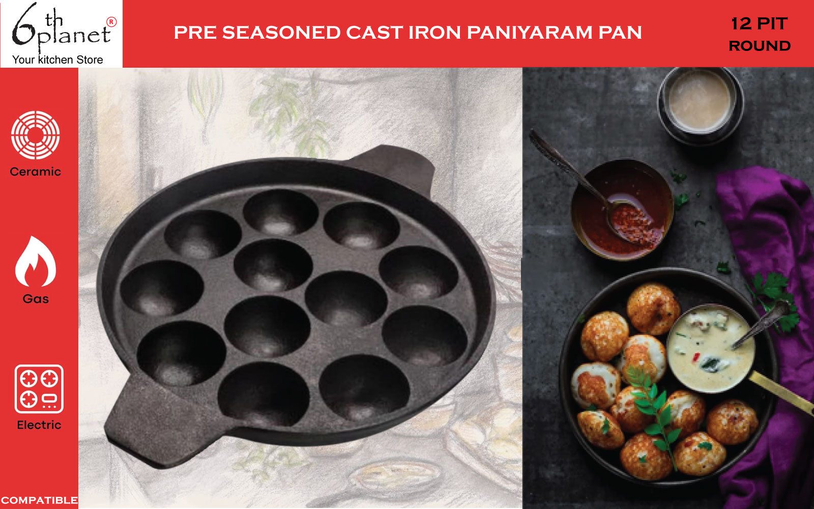 6th Planet Pre-Seasoned Cast Iron Paniyaram Pan 12 Cavity |
