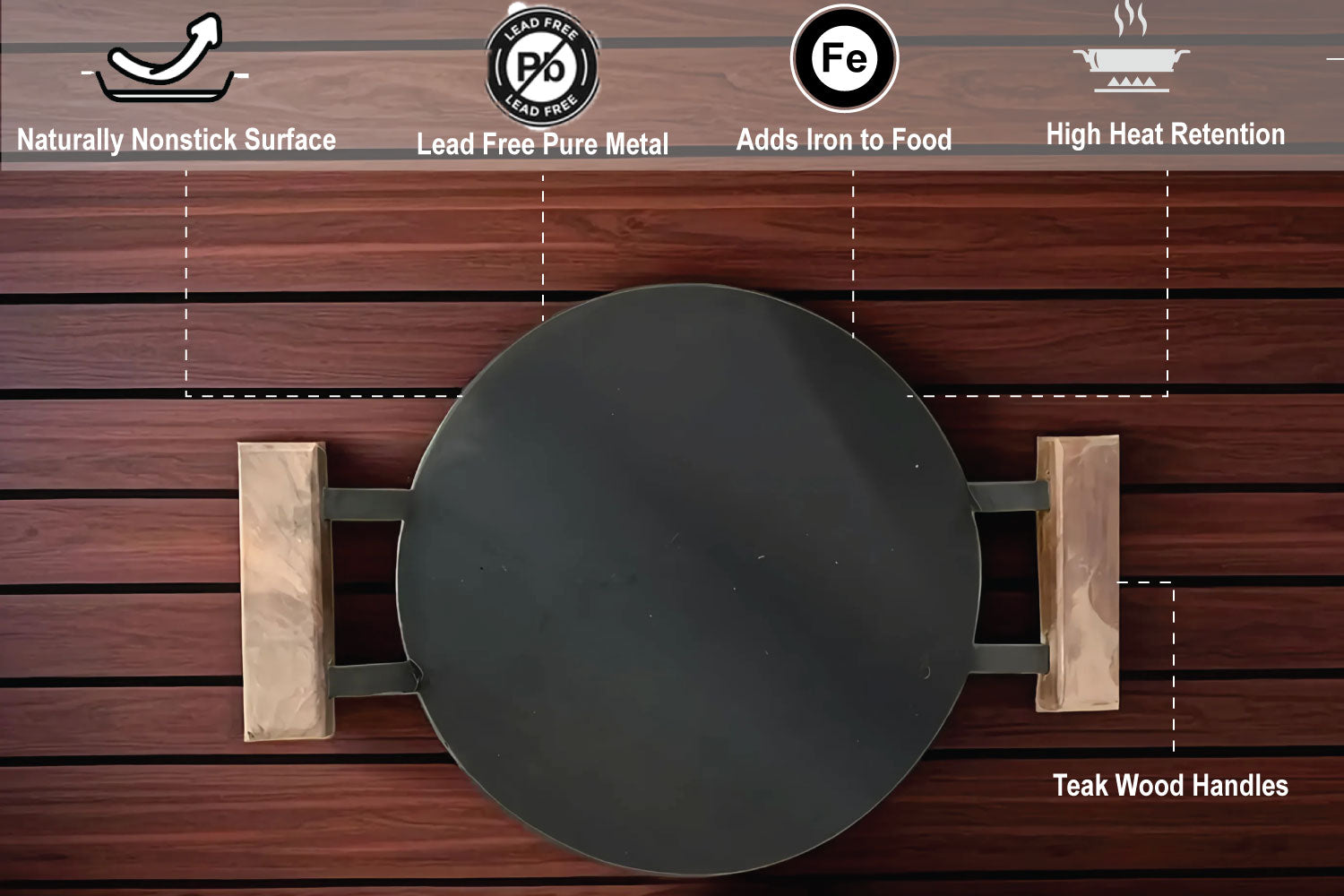 Pure Iron Tawa 12 Inch / 30 cm – Wooden Double Handle