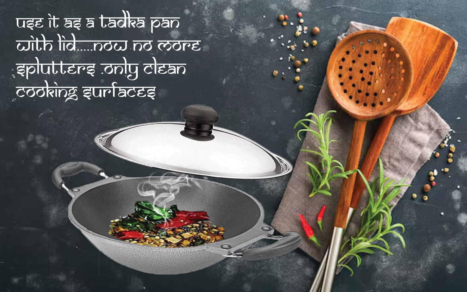 6th Planet NonStick Aluminium Deep Appakadai Appam Maker Non Stick with Lid - Appam Chatty Non Stick - Appachatti - Tadka Pan Ideal for Indian Cooking Hammertone Grey