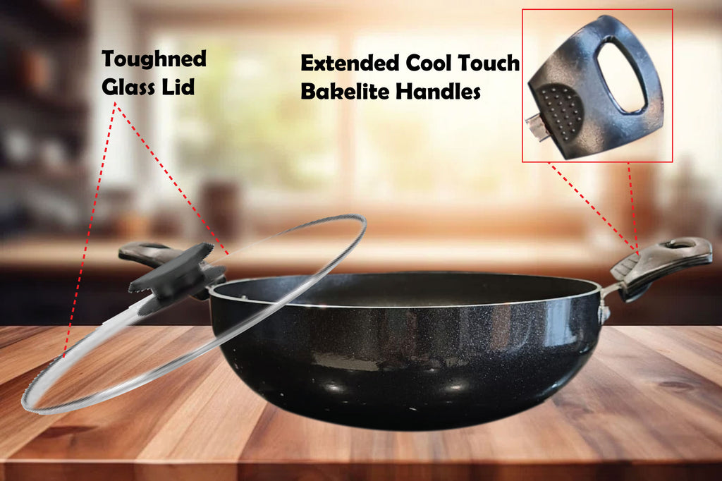 6th Planet Nonstick Induction Base Kadai | Induction Kadai for Deep Frying Roasting 24 CMS Glossy Finish with Glass Lid | 2 LTR | Black