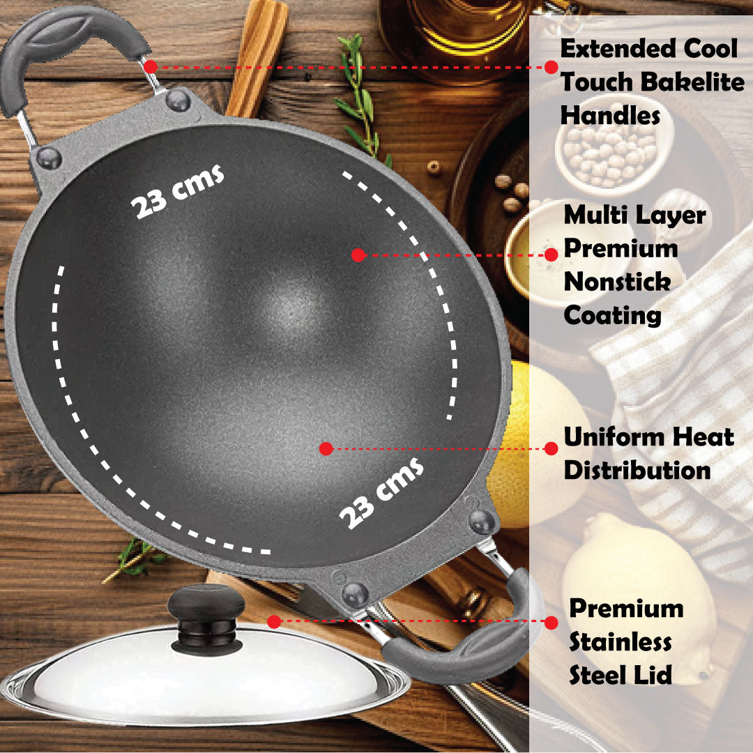 Pearl NonStick Aluminium Deep Appakadai Appam Maker Non Stick with Lid - Appam Chatty Non Stick - Appachatti - Tadka Pan Ideal for Indian Cooking Hammertone Grey