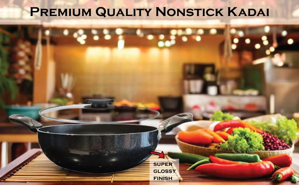 6th Planet Nonstick Induction Base Kadai | Induction Kadai for Deep Frying Roasting 24 CMS Glossy Finish with Glass Lid | 2 LTR | Black