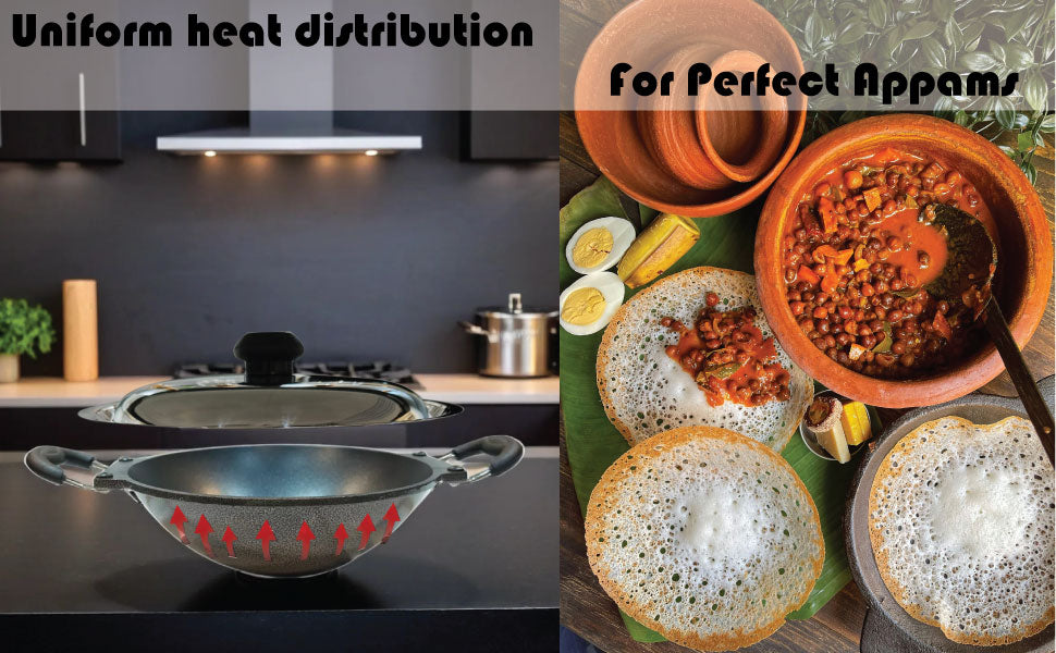6th Planet NonStick Aluminium Deep Appakadai Appam Maker Non Stick with Lid - Appam Chatty Non Stick - Appachatti - Tadka Pan Ideal for Indian Cooking Hammertone Grey