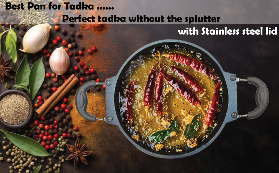 Pearl NonStick Aluminium Deep Appakadai Appam Maker Non Stick with Lid - Appam Chatty Non Stick - Appachatti - Tadka Pan Ideal for Indian Cooking Hammertone Grey