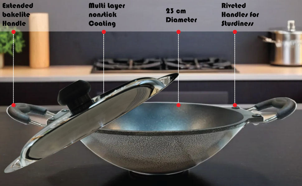 6th Planet NonStick Aluminium Deep Appakadai Appam Maker Non Stick with Lid - Appam Chatty Non Stick - Appachatti - Tadka Pan Ideal for Indian Cooking Hammertone Grey