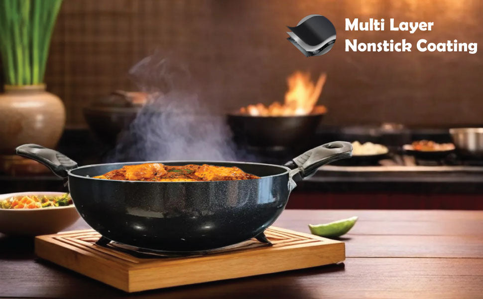 6th Planet Nonstick Induction Base Kadai | Induction Kadai for Deep Frying Roasting 24 CMS Glossy Finish with Glass Lid | 2 LTR | Black