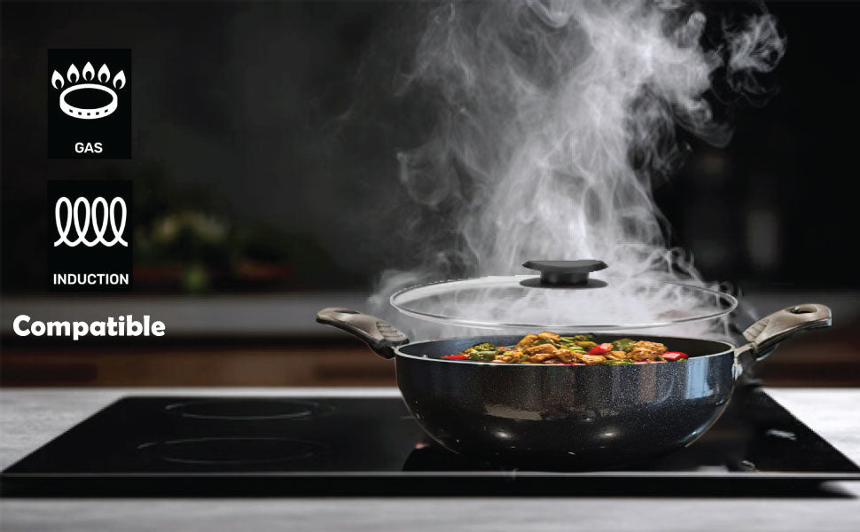 6th Planet Nonstick Induction Base Kadai | Induction Kadai for Deep Frying Roasting 24 CMS Glossy Finish with Glass Lid | 2 LTR | Black