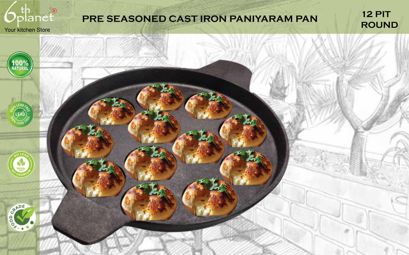 6th Planet Pre-Seasoned Cast Iron Paniyaram Pan 12 Cavity |
