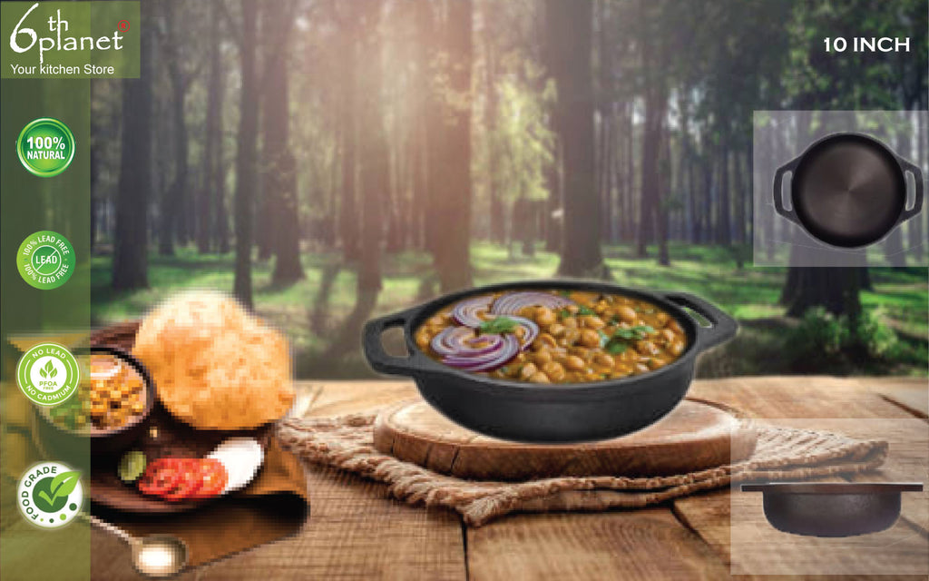 6th Planet Cast Iron Kadai for Deep Frying/ 10 Inch Black