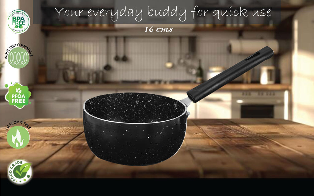 6th Planet Nonstick 16 cm Diameter Induction Base Tadka Pan, Vaghar/Chounk/Baghar Pan for Frying Dal/Spices, Milkpan/Saucepan Scratch Resistant | Granite Finish | Black