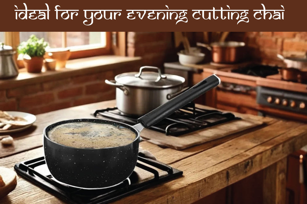 6th Planet Nonstick 16 cm Diameter Induction Base Tadka Pan, Vaghar/Chounk/Baghar Pan for Frying Dal/Spices, Milkpan/Saucepan Scratch Resistant | Granite Finish | Black