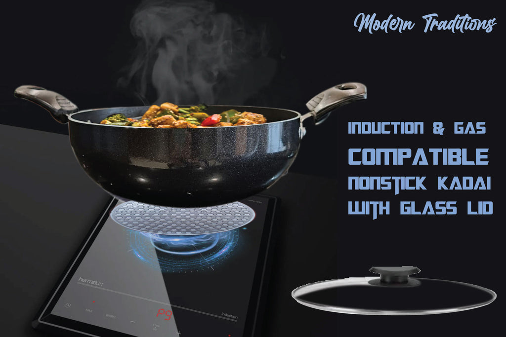 6th Planet Nonstick Induction Base Kadai | Induction Kadai for Deep Frying Roasting 24 CMS Glossy Finish with Glass Lid | 2 LTR | Black
