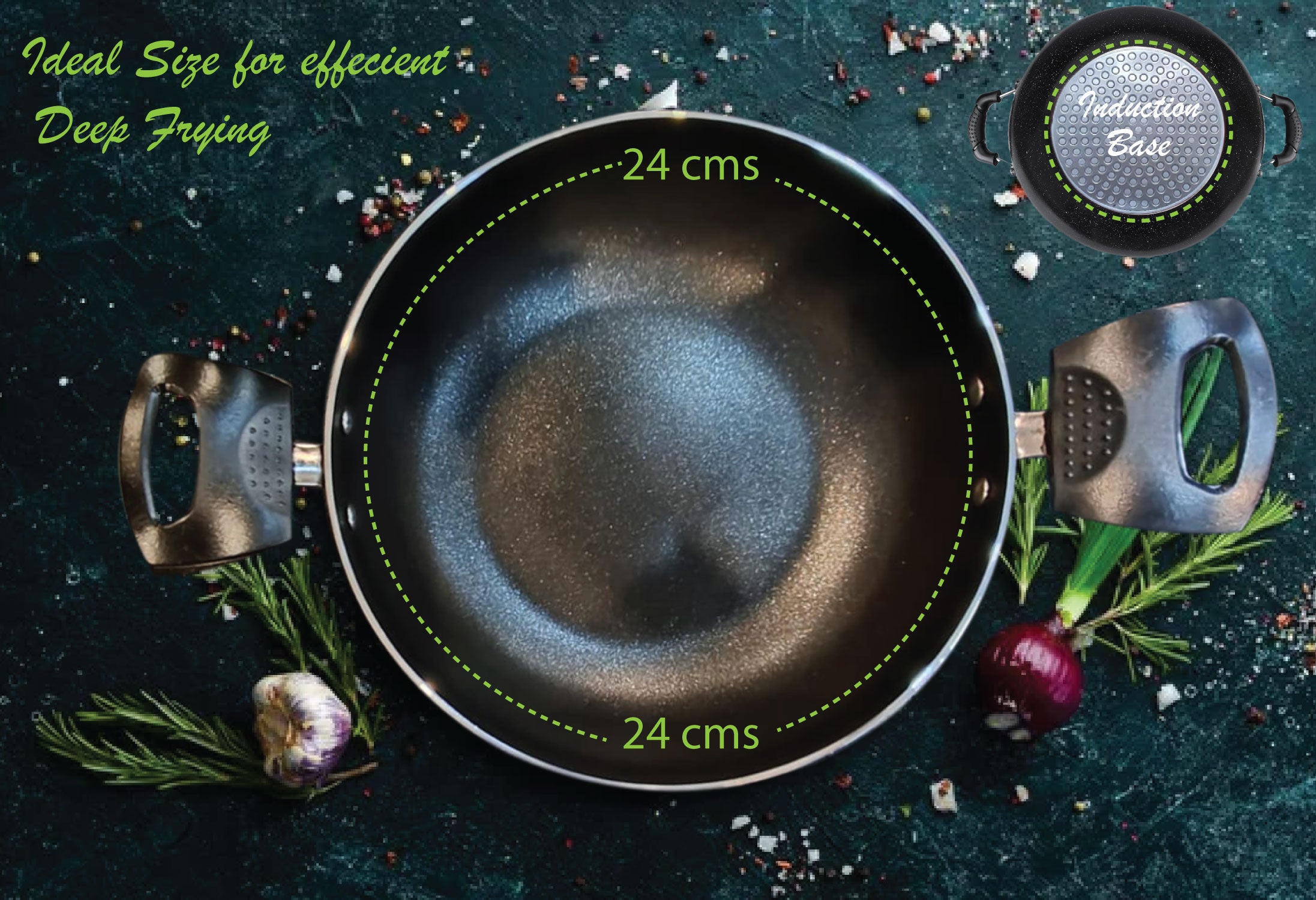6th Planet Nonstick Induction Base Kadai | Induction Kadai for Deep Frying Roasting 24 CMS Glossy Finish with Glass Lid | 2 LTR | Black