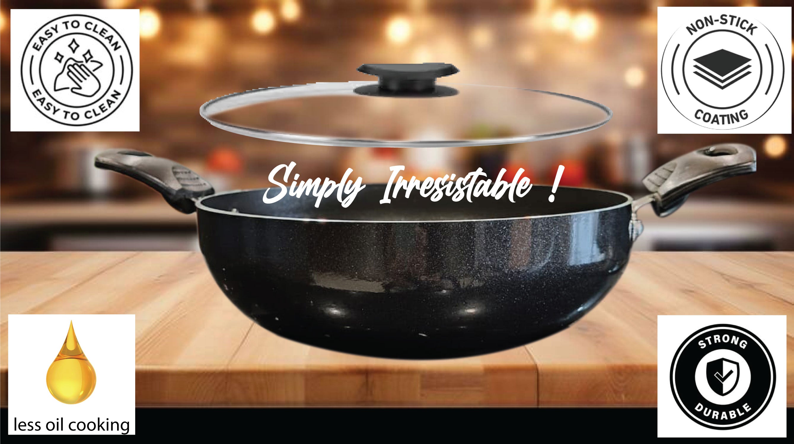 6th Planet Nonstick Induction Base Kadai | Induction Kadai for Deep Frying Roasting 24 CMS Glossy Finish with Glass Lid | 2 LTR | Black