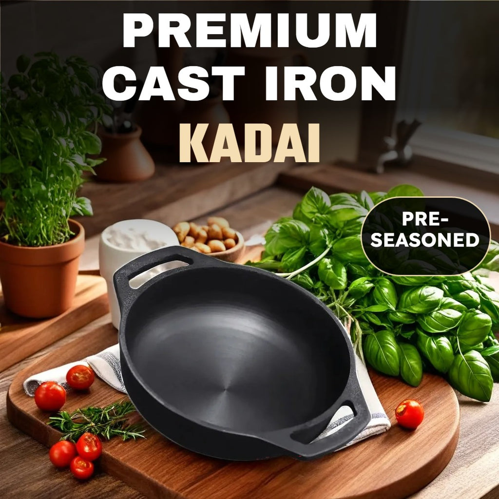 6th Planet Cast Iron Kadai for Deep Frying/ 10 Inch Black