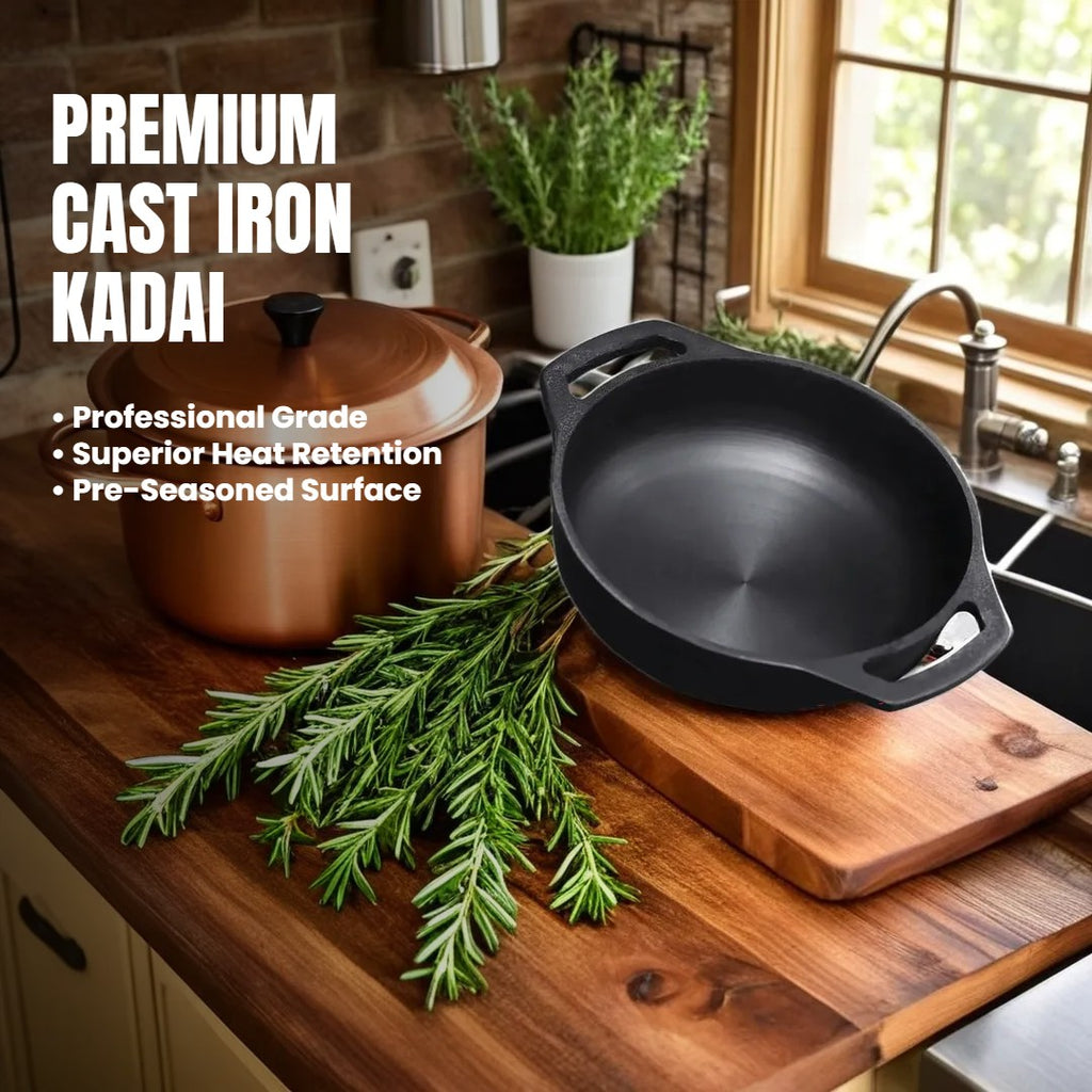 6th Planet Cast Iron Kadai for Deep Frying/ 10 Inch Black