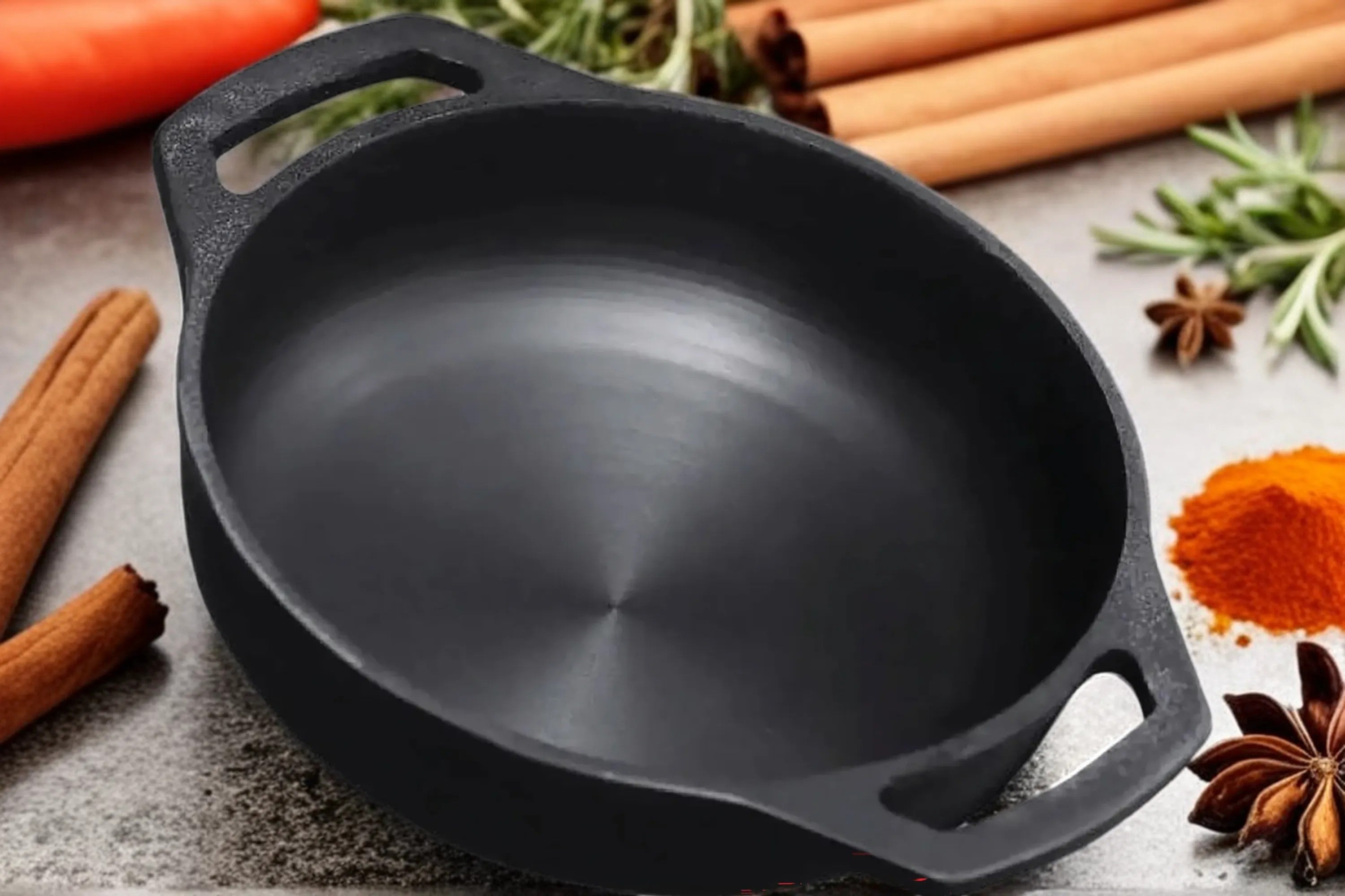 6th Planet Cast Iron Kadai for Deep Frying/ 10 Inch Black