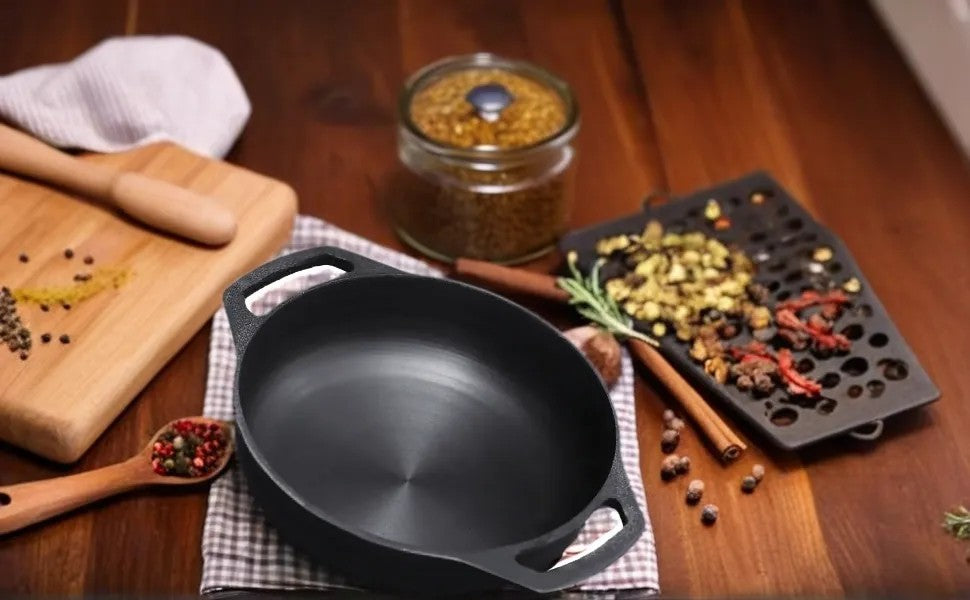 6th Planet Cast Iron Kadai for Deep Frying/ 10 Inch Black