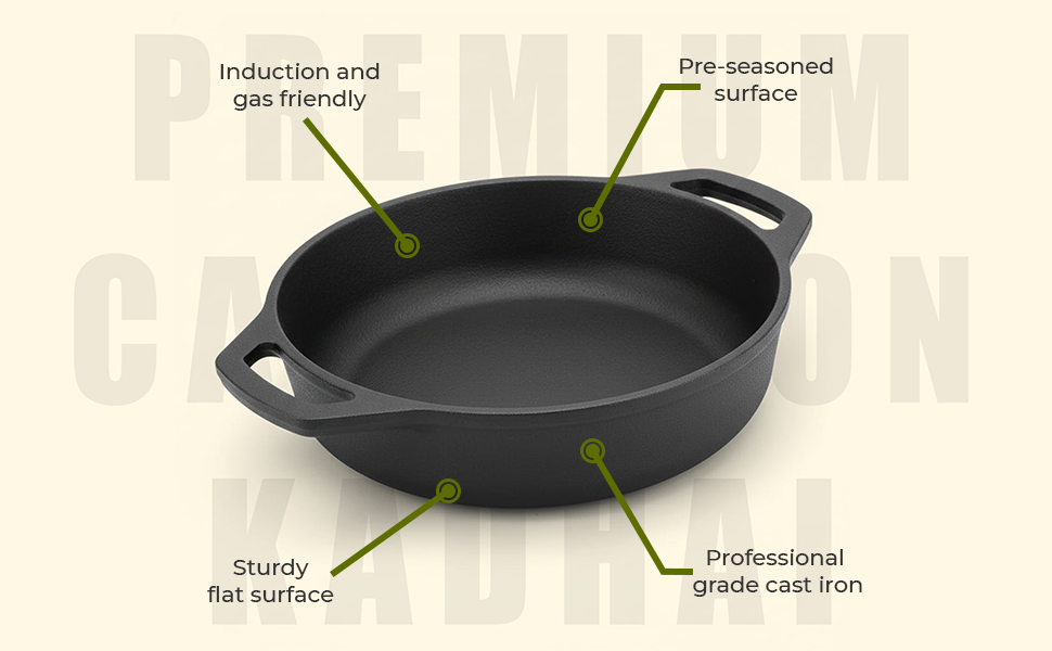 6th Planet Cast Iron Kadai for Deep Frying/ 10 Inch Black