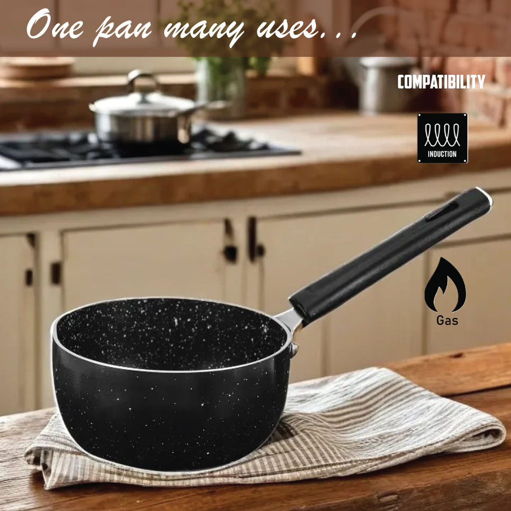 6th Planet Nonstick 16 cm Diameter Induction Base Tadka Pan, Vaghar/Chounk/Baghar Pan for Frying Dal/Spices, Milkpan/Saucepan Scratch Resistant | Granite Finish | Black