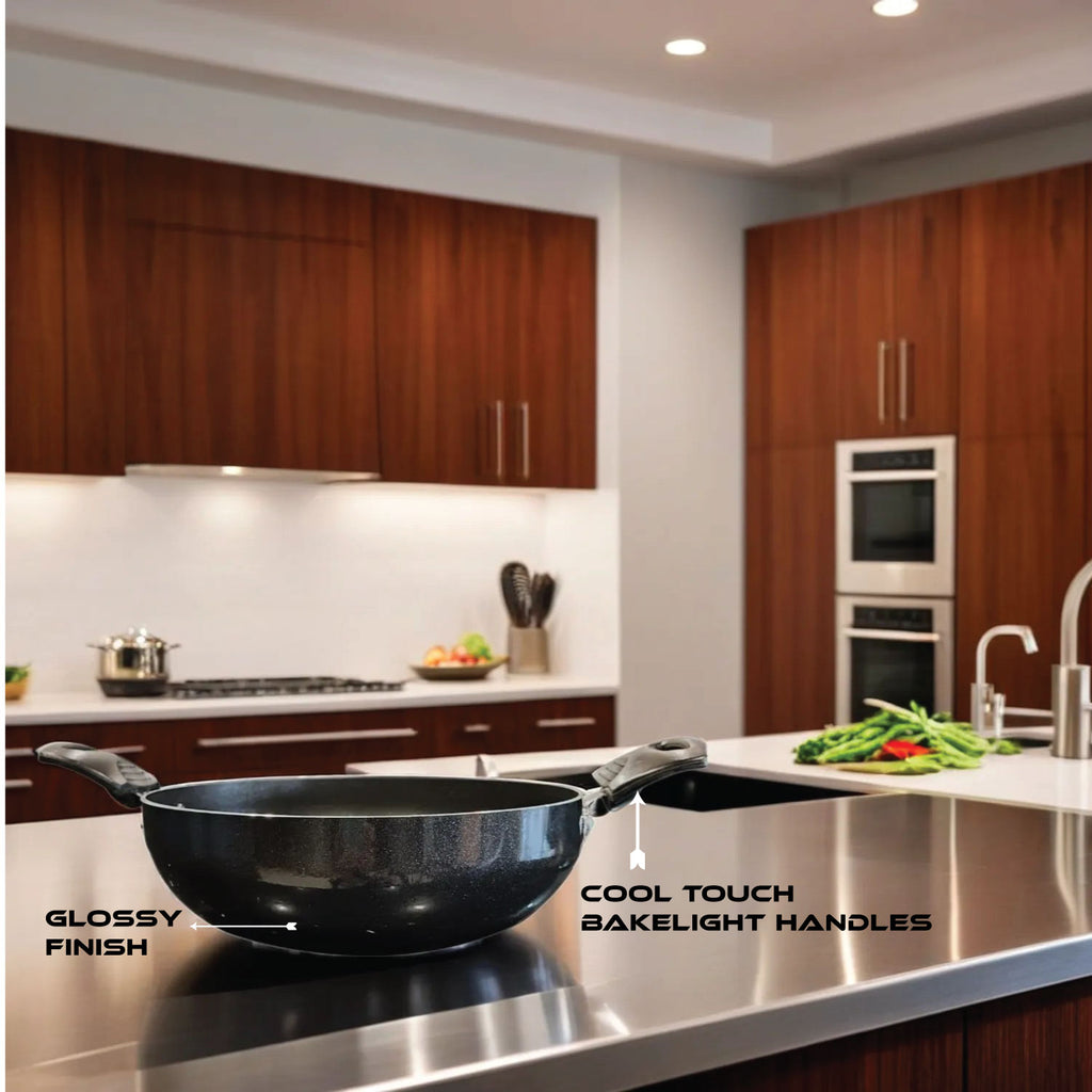 6th Planet Nonstick Induction Base Kadai | Induction Kadai for Deep Frying Roasting 24 CMS Glossy Finish with Glass Lid | 2 LTR | Black